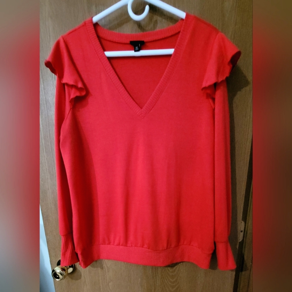 Torrid French Terry V Neck Ruffle Shoulder Sweatshirt  Vermilion 00